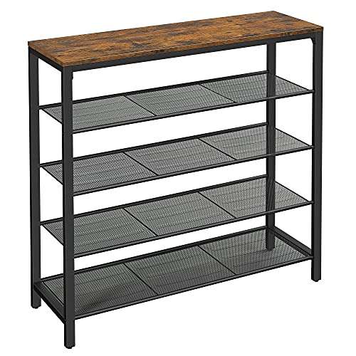 Vasagle Shoe Rack, Shoe Storage Organiser with 4 Mesh Shelves and Large Surface for Bags - Rustic Brown + Black